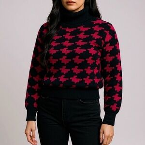Vintage Jones New York Wool Houndstooth Turtleneck Sweater in Navy & Fuschia